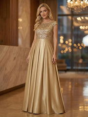 A Line Scoop Neck Long Pleated Mother of the Bride Dresses with Sequin