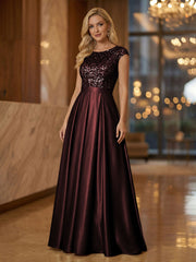 A Line Scoop Neck Long Pleated Mother of the Bride Dresses with Sequin
