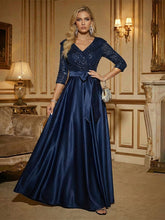 3/4 Sleeve A Line Sequined Floor Length Elegant Mother of the Bride Dresses with Bow