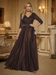 3/4 Sleeve A Line Sequined Floor Length Elegant Mother of the Bride Dresses with Bow