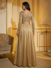 A Line V Neck Long Sleeve Ruched Elegant Mother of the Bride Dresses with Pleats