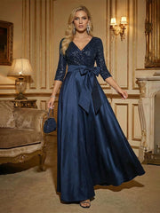 A Line 3/4 Sleeve Floor Length Mixed Mother of the Bride Dresses with Bow