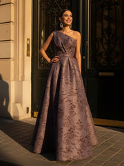 A-Line Satin Floral Print One Shoulder Mother of the Bride Dresses Floor-Length Ball Gown