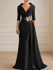 A-Line Satin V-Neck 3/4 Sleeve Mother of the Bride Dresses Floor-Length Ball Gown with Applique