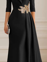 A-Line Satin V-Neck 3/4 Sleeve Mother of the Bride Dresses Floor-Length Ball Gown with Applique