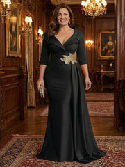 A-Line Satin V-Neck 3/4 Sleeve Mother of the Bride Dresses Floor-Length Ball Gown with Applique