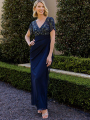 A-Line Chiffon V-Neck Short Sleeve Mother of the Bride Dresses Floor-Length with Sequin Appliques