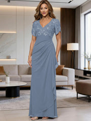 A-Line Chiffon V-Neck Short Sleeve Mother of the Bride Dresses Floor-Length with Sequin Appliques