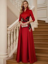 A Line 3/4 Sleeve Stand Collar with V-Neck Floor Length Mother of the Bride Dresses