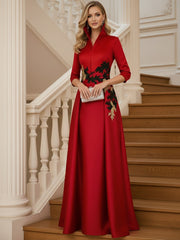 A Line 3/4 Sleeve Stand Collar with V-Neck Floor Length Mother of the Bride Dresses