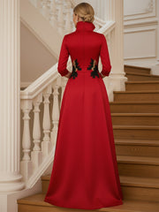 A Line 3/4 Sleeve Stand Collar with V-Neck Floor Length Mother of the Bride Dresses