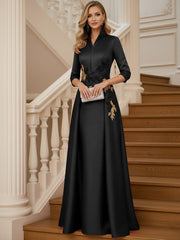 A Line 3/4 Sleeve Stand Collar with V-Neck Floor Length Mother of the Bride Dresses