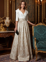 A Line V-Neck Shawl Collar Half Sleeve Long Mother of the Bride Dresses with Jacquard