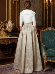 A Line V-Neck Shawl Collar Half Sleeve Long Mother of the Bride Dresses with Jacquard