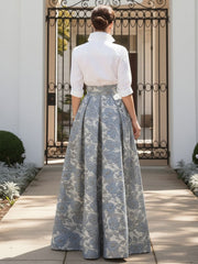 A Line V-Neck Stand Collar Half Sleeve Long Mother of the Bride Dresses with Jacquard