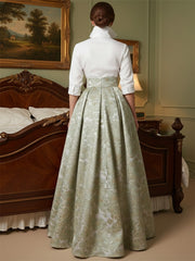 A Line V-Neck Stand Collar Half Sleeve Long Mother of the Bride Dresses with Jacquard