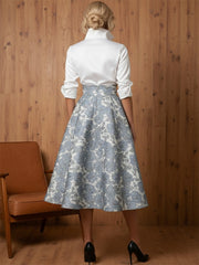 A Line V-Neck Stand Collar Half Sleeve Tea-Length Mother of the Bride Dresses with Jacquard