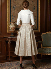 A Line V-Neck Shawl Collar Half Sleeve Tea-Length Mother of the Bride Dresses with Jacquard