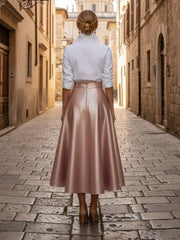 A Line Metallic Stand Collar with V-Neck Half Sleeve Tea Length Mother of the Bride Dresses