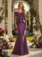 3/4 Sleeve Lace Applique Satin Mermaid Mother of the Bride & Groom Dresses Evening Gown