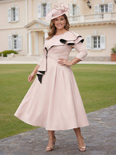 3/4 Sleeve Satin Ruffle A-Line Midi Mother of the Bride Dresses