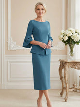 3/4 Sleeve Round Neck Sheath Midi Satin Mother of the Bride Dresses Formal Dress