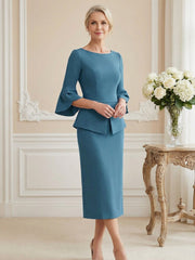 3/4 Sleeve Round Neck Sheath Midi Satin Mother of the Bride Dresses Formal Dress