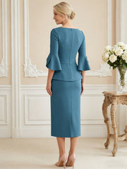 3/4 Sleeve Round Neck Sheath Midi Satin Mother of the Bride Dresses Formal Dress