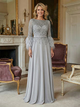 A-Line Chiffon Long Sheer Sleeves Mother of the Bride & Groom Dresses with Feather Cuffs & Beaded Bodice