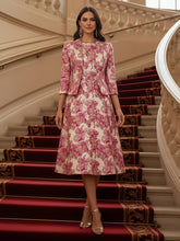 2 Pieces Floral Jacquard A-Line Midi-Length Mother of the Bride & Groom Dresses Suit with 3/4 Sleeves Tailored Blazer
