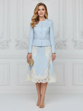 2 Pieces Satin Mother of the Bride & Groom Dresses Suit with Long Sleeves Peplum Blazer & A-Line Midi-Length Lace Embroidery Trim Dress