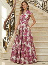 A-Line Floral Jacquard V-Neck Mother of the Bride & Groom Dresses Floor-Length Evening Gowns with Pockets