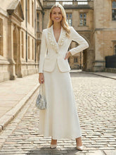 2 Piece Tailored Suit A-Line Casual Blazer Outfit Long with Pearls