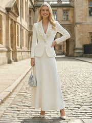 2 Piece Tailored Suit A-Line Casual Blazer Outfit Long with Pearls