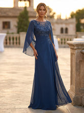 A-Line Chiffon Cape Sleeves Floor-Length Mother of the Bride & Groom Dresses with Rhinestones & Ruched Waist