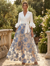 A-Line Floral Embroidered Jacquard Mother of the Bride & Groom Dresses with 3/4 Ruffle Bell Sleeves