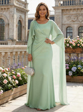 A-Line Chiffon Cape Sleeve Scoop Neck Mother of the Bride & Groom Dresses with Ruched Waist