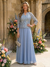 2-Piece A-Line Pleated Chiffon Mother of the Bride & Groom Dresses with 3/4 Sleeves Lace Bodice