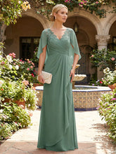 A-Line Chiffon 3/4 Cape Sleeves Floor-Length Mother of the Bride & Groom Dresses with Ruched Ruffled Waist