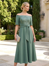 A-Line Chiffon Off Shoulder Tea-Length Mother of the Bride & Groom Dresses with Sequin & Belt
