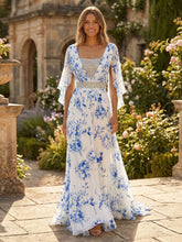 A-Line Chiffon Floral Print Long Mother of the Bride & Groom Dresses with Beaded Waist