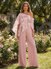 2-Piece Chiffon Mother of the Bride & Groom Jumpsuit with Floral Print Cape & Asymmetric Neck