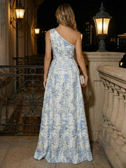 A-Line Floral Jacquard One Shoulder Floor-Length Mother of the Bride Dresses with Ruffles & Slit