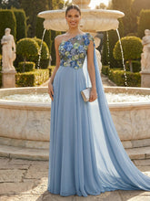 A-Line Pleated Chiffon One Shoulder Floor-Length Mother of the Bride Dresses with Cape Drape & Floral Appliques Bodice