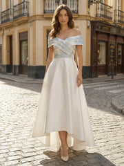 A-Line Satin High-Low Hem Off Shoulder Mother of the Bride Dresses with Jacquard Bodice
