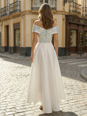 A-Line Satin High-Low Hem Off Shoulder Mother of the Bride Dresses with Jacquard Bodice