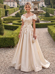 A-Line/Princess Off Shoulder Satin Floor-Length Mother of the Bride & Groom Dresses with 3D Flowers & Sweep Train