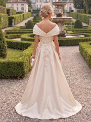 A-Line/Princess Off Shoulder Satin Floor-Length Mother of the Bride & Groom Dresses with 3D Flowers & Sweep Train
