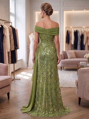 A-Line/Princess Off Shoulder Sequin Floral Floor-Length Mother of the Bride & Groom Dresses with Ruffles & Sweep Train