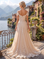 A-Line/Princess Off Shoulder Lace Appliques Floor-Length Mother of the Bride & Groom Dresses with Lace Appliques & Pleats
